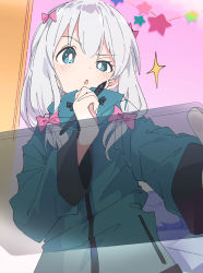 Rule 34 | 1girl, :o, blue eyes, blush, bow, commentary request, eromanga sensei, green jacket, hair bow, holding, holding stylus, ixy, izumi sagiri, jacket, long sleeves, looking at viewer, pink bow, sky, solo, sparkle, star (symbol), stylus, tablet pc, white hair
