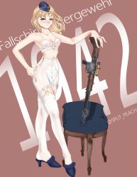 Rule 34 | 1942, 1girl, absurdres, assault rifle, automatic rifle, bare shoulders, battle rifle, blonde hair, blue hat, blush, bra, breasts, closed mouth, collarbone, fg42 (girls&#039; frontline), fg 42, full body, garter straps, german text, girls&#039; frontline, grey eyes, gun, hand on own hip, hat, highres, holding, holding gun, holding weapon, jewelry, long hair, looking at viewer, military hat, rifle, ring, simple background, solo, split peach, standing, thighhighs, twitter username, underwear, vintage clothes, weapon, white bra, white thighhighs
