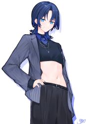 Rule 34 | 1girl, blue eyes, blue hair, blush, closed mouth, collared shirt, grey jacket, highres, hiodoshi ao, hololive, hololive dev is, jacket, jewelry, looking at viewer, ma draws, midriff, mole, mole under mouth, navel, necklace, open clothes, open jacket, shirt, short hair, smile, solo, striped clothes, striped jacket, virtual youtuber