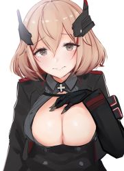 Rule 34 | 1girl, armband, azur lane, blonde hair, breasts, buttons, cleavage, commentary, double-breasted, grey eyes, hair between eyes, hand on own chest, headgear, large breasts, long sleeves, looking at viewer, mappaninatta, mechanical hands, military, military uniform, multicolored hair, roon (azur lane), short hair, sidelocks, simple background, single mechanical hand, smile, solo, streaked hair, uniform, white background
