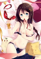 Rule 34 | 10s, 1girl, ahoge, bad id, bad pixiv id, blue bra, blue eyes, blue panties, blush, bra, breasts, breasts out, brown hair, character doll, cowboy shot, hair between eyes, hair flaps, hand up, holding, kantai collection, long hair, looking at viewer, medium breasts, mouth hold, navel, necktie, unworn necktie, nipples, panties, shigure (kancolle), smile, solo, underwear, underwear only, yukichi (eikichi), yuudachi (kancolle)