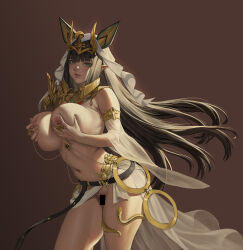Rule 34 | 1girl, animal ears, bar censor, black hair, blunt bangs, breasts, brown background, censored, circlet, commentary, dark-skinned female, dark skin, detached sleeves, egyptian clothes, english commentary, gold choker, grabbing own breast, green eyes, highres, huge breasts, jackal ears, jeneral, last origin, leaning forward, long hair, looking at viewer, mixed-language commentary, mole, mole on breast, navel, nipple chain, nipple piercing, nipple rings, nipples, paid reward available, parted lips, piercing, pointy ears, see-through, see-through sleeves, sekhmet of death, simple background, solo, thighlet, veil, very long hair, white headdress