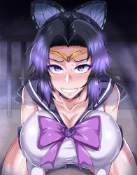 Rule 34 | 1girl, blurry, blurry background, blush, bow, breasts, choker, cleavage, clenched teeth, cosplay, female focus, from above, hair ornament, highres, huge breasts, indoors, kimetsu no yaiba, kochou shinobu, legs, leotard, light blush, looking at viewer, matching hair/eyes, naughty face, nose blush, puripuri jet, purple eyes, purple hair, sitting, skirt, smile, solo, steaming body, teeth, thighs, tiara, white leotard