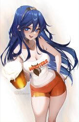 Rule 34 | 1girl, bare shoulders, beer mug, blue eyes, blue hair, breasts, cleavage, collarbone, commentary, cup, fire emblem, fire emblem awakening, hair between eyes, highres, hooters, long hair, looking at viewer, lucina (fire emblem), medium breasts, mug, nintendo, no legwear, open mouth, orange shorts, short shorts, shorts, sidelocks, smile, solo, symbol-only commentary, thighs, tiara, tofuubear