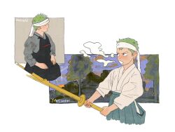Rule 34 | 1boy, aged down, bandana, breath, cropped legs, earrings, full body, green hair, hakama, hakama pants, highres, holding, holding sword, holding weapon, japanese clothes, jewelry, male focus, multiple views, one piece, open mouth, pants, roronoa zoro, seiza, short hair, sideburns, single earring, sitting, sword, weapon, wooden sword, yaoizhen
