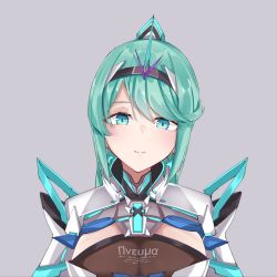 Rule 34 | 1girl, blush, breasts, chest jewel, earrings, green eyes, green hair, grey background, highres, jewelry, large breasts, long hair, looking at viewer, pneuma (xenoblade), ponytail, sarasadou dan, simple background, solo, spoilers, swept bangs, tiara, upper body, xenoblade chronicles (series), xenoblade chronicles 2