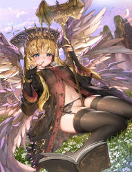 Rule 34 | 1girl, angel wings, black gloves, black robe, black thighhighs, blonde hair, blue eyes, blunt bangs, blush, book, breasts, character request, copyright request, dutch angle, feathered wings, feathers, finger to mouth, fingerless gloves, flower, garter straps, gloves, grass, hair ornament, half-closed eyes, hammer, holding, holding hammer, lace trim, long hair, long sleeves, looking at viewer, midriff, navel, no bra, no panties, no shoes, open clothes, open robe, original, puffy sleeves, repi, robe, see-through, sidelocks, sitting, skindentation, small breasts, soles, solo, star (symbol), star hair ornament, thighhighs, tiara, wariza, wings