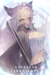 Rule 34 | 1girl, absurdres, ahoge, animal ears, arknights, bielin, black jacket, breasts, character name, commentary, copyright name, crop top, grey eyes, highres, holding, holding sword, holding weapon, jacket, lappland (arknights), long hair, looking at viewer, medium breasts, midriff, navel, open clothes, open jacket, shirt, silver hair, smile, solo, stomach, sword, upper body, weapon, white shirt, wolf ears