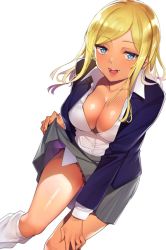 Rule 34 | 1girl, blonde hair, blue eyes, blue jacket, blush, breasts, cleavage, collarbone, collared shirt, dark-skinned female, dark skin, dress shirt, grey skirt, jacket, large breasts, leaning forward, long hair, long sleeves, looking at viewer, loose socks, open clothes, open jacket, open mouth, original, shirt, simple background, skirt, smile, socks, solo, swept bangs, thighs, tomohiro kai, white background, white shirt