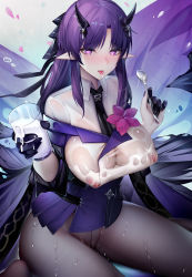 Rule 34 | 1girl, :p, absurdres, arknights, bad id, bad pixiv id, binggong asylum, black gloves, black necktie, breasts, chinese commentary, closed mouth, commentary request, cup, feet out of frame, flower, gloves, grey pantyhose, hands up, heart, heart-shaped pupils, hibiscus (arknights), hibiscus the purifier (arknights), highres, holding, holding cup, holding spoon, horns, inverted nipples, large breasts, long hair, milk, necktie, nipples, no humans, no panties, off shoulder, pantyhose, parted lips, pink flower, pointy ears, purple eyes, purple hair, purple shirt, saliva, saliva trail, see-through, shirt, sidelocks, sitting, smile, solo, spoon, symbol-shaped pupils, thighs, tongue, tongue out, wariza, wet, wet clothes, wet shirt, white shirt