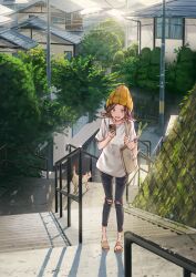 Rule 34 | 1girl, absurdres, bag, beanie, black pants, brown hair, building, bush, cat, day, full body, green eyes, hat, highres, holding, holding phone, house, jewelry, medium hair, michinoku (hiking miusan18), necklace, original, outdoors, pants, phone, power lines, railing, sandals, scenery, shirt, shopping bag, solo, spring onion, stairs, standing, tree, urban, utility pole, white shirt, yellow footwear, yellow hat