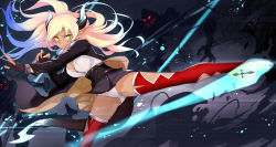 Rule 34 | 1girl, blonde hair, breasts, cleavage, fingerless gloves, gloves, gradient background, highres, horns, kicking, large breasts, long hair, monster, panties, pantyshot, pixiv fantasia, pixiv fantasia t, pointy ears, realmbw, tail, thighhighs, underwear, white panties, yellow eyes, zorn dio