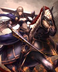 Rule 34 | 1girl, akainoda, barding, blue eyes, breasts, brown hair, cleavage, covered navel, fantasy, gauntlets, grey sky, highres, horse, horseback riding, knight, lance, large breasts, long hair, looking at viewer, original, outdoors, polearm, riding, sky, solo, sword, weapon
