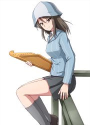 Rule 34 | 1girl, blue footwear, blue hat, blue shirt, brown eyes, brown hair, closed mouth, commentary, dress shirt, girls und panzer, grey skirt, grey socks, hat, highres, holding, holding instrument, instrument, kantele, keizoku school uniform, leaning forward, loafers, long hair, long sleeves, looking at viewer, mika (girls und panzer), miniskirt, omachi (slabco), on railing, pleated skirt, railing, school uniform, shirt, shoes, simple background, sitting, skirt, smile, socks, solo, striped clothes, striped shirt, vertical-striped clothes, vertical-striped shirt, white background, white shirt