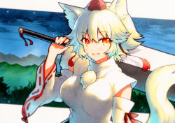 Rule 34 | 1girl, animal ears, bad id, bad twitter id, blush, breasts, detached sleeves, fang, hat, highres, inubashiri momiji, large breasts, looking at viewer, outdoors, over shoulder, pom pom (clothes), qqqrinkappp, red eyes, ribbon trim, shirt, short hair, silver hair, skin fang, solo, sword, tail, tokin hat, touhou, traditional media, weapon, weapon over shoulder, white shirt, wolf ears