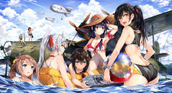 Rule 34 | 10s, 6+girls, ahoge, aircraft, ass, ball, bare shoulders, beachball, bikini, black bikini, black hair, blue eyes, blue sky, blush, bracelet, braid, breasts, brown eyes, brown hair, cloud, commentary request, competition swimsuit, day, dirigible, female abyssal admiral (kancolle), female admiral (kancolle), front-tie bikini top, front-tie top, hair flaps, hair ornament, hair over shoulder, hair ribbon, hairclip, hat, i-26 (kancolle), i-401 (kancolle), jewelry, kantai collection, kazagumo (kancolle), little girl admiral (kancolle), long hair, looking back, low twintails, medium breasts, military, military vehicle, motor vehicle, multiple girls, neko (yanshoujie), one-piece swimsuit, open mouth, partially submerged, ponytail, red eyes, ribbon, ryuuhou (kancolle), school swimsuit, shigure (kancolle), short hair, silver hair, single braid, sky, smile, special type 2 launch ka-mi, sun hat, swimsuit, taigei (kancolle), tank, tsurime, twintails, white bikini, yellow eyes