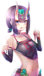 Rule 34 | 1girl, absurdres, blush, breasts, chinese clothes, choker, collarbone, detached sleeves, dudou, eyeshadow, fang, fate/grand order, fate (series), forehead jewel, gem, hair between eyes, hair bun, heart, highres, horns, looking at viewer, makeup, medium breasts, navel, open mouth, purple eyes, purple hair, short hair, short ponytail, shuten douji (fate), shuten douji (fate/grand order), shuten douji (halloween caster) (fate), single hair bun, skin-covered horns, sunhyun, untied, white background