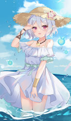 Rule 34 | 1girl, arm up, blue sky, blush, bracelet, brown hat, commentary, cowboy shot, day, dress, flower, hair between eyes, hat, hat flower, highres, jewelry, kokkoro (princess connect!), looking at viewer, necklace, ocean, off-shoulder dress, off shoulder, open mouth, outdoors, pink flower, pointy ears, princess connect!, purple eyes, revision, serika, short eyebrows, short hair, short sleeves, silver hair, sky, smile, solo, standing, straw hat, sun hat, wading, water, white dress