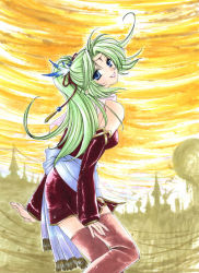Rule 34 | 1990s (style), 1girl, blue eyes, dress, feathers, female focus, final fantasy, final fantasy vi, green hair, long hair, outdoors, ponytail, sky, smile, solo, thighhighs, tina branford