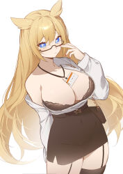 Rule 34 | 1girl, absurdres, ash arms, between breasts, black bra, black skirt, black thighhighs, blonde hair, blue eyes, bra, breasts, cleavage, closed mouth, garter straps, glasses, highres, id card, large breasts, long hair, looking at viewer, m26 pershing (ash arms), nail polish, off shoulder, office lady, open clothes, open shirt, red nails, semi-rimless eyewear, shibuya (kurokamishain), shirt, simple background, skirt, solo, thighhighs, underwear, very long hair, white background, white shirt