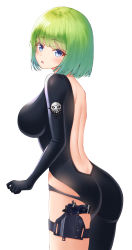 Rule 34 | 1girl, absurdres, backless outfit, black bodysuit, blue eyes, blush, bodysuit, breasts, butt crack, cowboy shot, ela (rainbow six siege), from side, green hair, gun, highres, holster, large breasts, leaning forward, looking at viewer, open mouth, rainbow six siege, short hair, shoulder blades, simple background, skin tight, solo, ssong2, standing, thigh holster, thigh strap, weapon, white background