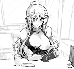 Rule 34 | 1girl, bare shoulders, blush, breasts, chair, clothes pull, detached sleeves, drink, fingerless gloves, flashing, gloves, greyscale, guhanshounen, hair between eyes, iowa (kancolle), kantai collection, large breasts, long hair, looking at viewer, monochrome, nipples, one breast out, oppai challenge, pulled by self, sitting, smile, solo, table, wrist cuffs