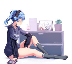 Rule 34 | 1girl, absurdres, amane kanata, apple, black panties, black socks, blue hair, blue nails, cd case, chest of drawers, closed eyes, closed mouth, clothes writing, food, from side, fruit, full body, glint, hair ribbon, headphones, highres, hololive, hood, hood down, hooded sweater, hoshimachi suisei, juice box, kiryu coco, legs, light smile, maullarmaullar, panties, picture frame, plant, potted plant, ribbon, side ponytail, simple background, sitting, socks, solo, star (symbol), sweater, thighs, underwear, virtual youtuber, white background
