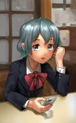 Rule 34 | 10s, 1girl, :d, alternate costume, bow, bowtie, cellphone, commentary request, formal, green eyes, green hair, highres, indoors, kaban (kemono friends), kemono friends, looking at viewer, no headwear, no headwear, open mouth, phone, signature, smartphone, smile, solo, suit, table, welt (kinsei koutenkyoku)