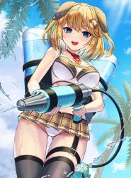 Rule 34 | 1girl, :d, animal ears, bare arms, bikini, black thighhighs, blonde hair, blue eyes, blue sky, breasts, brown skirt, cleavage, cloud, commentary request, cowboy shot, dog ears, from below, gluteal fold, hair ornament, highres, holding, holding water gun, hololive, hololive english, inari (ambercrown), looking at viewer, medium breasts, medium hair, microskirt, nail polish, necktie, open mouth, palm tree, pleated skirt, purple nails, red necktie, short necktie, skirt, sky, smile, solo, standing, swimsuit, teeth, thigh strap, thighhighs, tree, upper teeth only, virtual youtuber, water, water gun, watson amelia, wet, white bikini