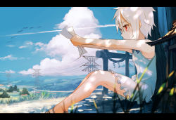 Rule 34 | 1girl, albino, armpits, bird, blush, child, cloud, contrail, dappled sunlight, day, dress, grass, hill, holding, house, inami hatoko, landscape, letter, letterboxed, light smile, original, outstretched arms, power lines, profile, red eyes, road, rope, scenery, shadow, shide, shimenawa, shirakami musubu (inami hatoko), short hair, shrine, sitting, sky, sleeveless, sleeveless dress, solo, sunlight, torii, transmission tower, tree, utility pole, white dress, white hair