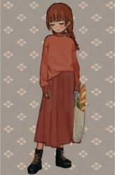Rule 34 | 1girl, adapted costume, ankle boots, arms at sides, bag, baguette, black footwear, boots, braid, bread, brown hair, closed eyes, closed mouth, cross-laced footwear, dot nose, facing viewer, film grain, food, full body, grey background, groceries, grocery bag, holding, holding bag, io (onisarashi), legs apart, long hair, long skirt, long sleeves, madotsuki, muted color, pink sweater, plastic bag, pleated skirt, red skirt, shopping bag, skirt, sleeves past wrists, smile, solo, standing, sweater, sweater tucked in, turtleneck, turtleneck sweater, u u, yume nikki
