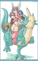 Rule 34 | 1girl, armor, artist name, bikini armor, border, breasts, champ+, choker, chunsoft, cleavage, dragon, dragon quest, dragon quest iii, enix, facing viewer, full body, helmet, long hair, looking at viewer, pink footwear, pink headwear, riding, riding animal, saddle, simple background, smile, soldier (dq3), square enix, sword, tagme, watermark, weapon, web address, white background, white choker, winged helmet