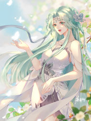 Rule 34 | 1girl, absurdres, bare shoulders, blue hair, blue sky, bug, butterfly, douluo dalu, dress, flower, hair flower, hair ornament, highres, insect, jewelry, long hair, mo ai lingbao, necklace, sky, tang wutong (douluo dalu), weibo watermark, white dress