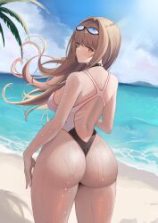 Rule 34 | 1girl, alternate costume, artist request, ass, ass focus, bare shoulders, blue sky, blush, breasts, brown eyes, brown hair, day, from behind, goddess of victory: nikke, highres, huge ass, large breasts, long hair, looking at viewer, mugen kageno, one-piece swimsuit, rapi (classic vacation) (nikke), rapi (nikke), shiny skin, sideboob, sky, solo, sunglasses, sunglasses on head, swimsuit, thick thighs, thighs, very long hair, water, wet, wet clothes, wet hair, wide hips