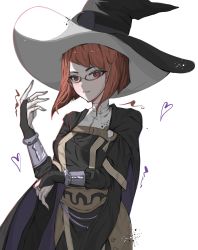 Rule 34 | absurdres, arms up, asymmetrical bangs, bracelet, breasts, cape, closed mouth, commission, commissioner upload, fire emblem, fire emblem awakening, glasses, hat, heart, highres, jewelry, large breasts, leather, looking at viewer, mariirasuto7, miriel (fire emblem), nintendo, non-web source, red eyes, red hair, solo, turtleneck, upper body, witch hat
