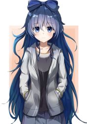 Rule 34 | 1girl, absurdres, alternate costume, bangle, black shirt, blue bow, blue eyes, blue hair, blue skirt, blush, bow, bracelet, casual, collarbone, commentary request, contemporary, cowboy shot, garaudon, grey jacket, hair between eyes, hair bow, hands in pockets, highres, hood, hooded jacket, jacket, jewelry, long hair, long sleeves, looking at viewer, orange background, shirt, skirt, smile, solo, standing, touhou, two-tone background, very long hair, white background, yorigami shion