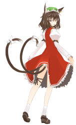 Rule 34 | 1girl, animal ears, brown eyes, brown hair, cat ears, cat girl, cat tail, chen, earrings, female focus, from behind, hat, jewelry, kuronishiki, multiple tails, short hair, solo, tail, takaharu, touhou