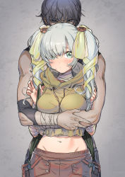 Rule 34 | 1boy, 1girl, backpack, bag, bandaged arm, bandaged neck, bandages, between breasts, black eyes, black hair, blush, bound, breasts, buttons, eyebrows, gradient background, green eyes, grey background, grey hair, groin, hair ornament, hair ribbon, hetero, hood, hood down, hooded vest, hoodie, hug, hug from behind, large breasts, long hair, looking at viewer, midriff, navel, original, pants, restrained, ribbon, sleeveless, stomach, sweat, tied up (nonsexual), twintails, upper body, vest, yanyo (ogino atsuki)