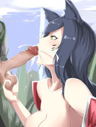 Rule 34 | 1boy, 1girl, ahri (league of legends), animal ears, bare shoulders, black hair, blush, breasts, caressing testicles, cleavage, cum, cum in mouth, detached sleeves, disembodied penis, ejaculation, facial mark, fellatio, fox ears, from side, has bad revision, hetero, highres, kumiko shiba, large breasts, league of legends, long hair, md5 mismatch, oral, cum overflow, penis, solo focus, testicle grab, testicles, uncensored, whisker markings, yellow eyes