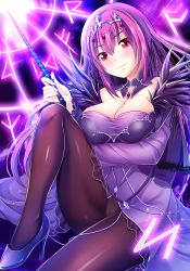 Rule 34 | 1girl, arm under breasts, artist request, bad id, bad pixiv id, blush, breasts, cameltoe, check artist, cleavage, commentary request, dark background, dress, fate/grand order, fate (series), fur trim, hair between eyes, high heels, holding, holding wand, izumi akane, jewelry, knee up, large breasts, long hair, looking at viewer, panties, panties under pantyhose, pantyhose, pantyshot, purple dress, purple hair, red eyes, runes, scathach (fate), scathach skadi (fate), silly (marinkomoe), sitting, smile, solo, tiara, underwear, wand