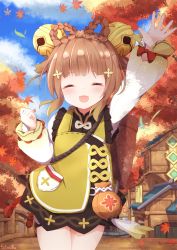 Rule 34 | 1girl, :d, ^ ^, arm up, autumn leaves, bell, blue sky, blunt bangs, braid, brown hair, building, chinese clothes, clenched hand, closed eyes, cloud, cloudy sky, commentary request, genshin impact, hair bell, hair ornament, highres, leaf, long hair, long sleeves, looking at viewer, maple leaf, open mouth, pouch, sky, smile, solo, tree, tutsucha illust, waving, yaoyao (genshin impact)