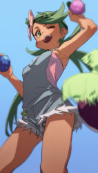 Rule 34 | 1girl, ;d, armpits, blouse, blue overalls, blush, bounsweet, creatures (company), dark-skinned female, dark skin, flower, from below, fu-ta, game freak, gen 7 pokemon, green eyes, green hair, hair flower, hair ornament, highres, holding, long hair, low twintails, mallow (pokemon), nintendo, one eye closed, open mouth, overall shorts, overalls, panties, pantyshot, pink shirt, pokemon, pokemon (creature), pokemon sm, shirt, smile, standing, striped clothes, striped panties, teeth, thighs, twintails, underwear, upper teeth only, upshorts