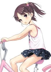 Rule 34 | 1girl, :d, armpits, bare arms, bare shoulders, bicycle, black skirt, blush, brown hair, clothes writing, from side, hair ornament, heart, heart hair ornament, heart print, jiji (aardvark), looking at viewer, looking to the side, miniskirt, open mouth, original, panties, panty peek, purple eyes, revealing clothes, short hair, simple background, sitting, skirt, sleeveless, smile, solo, tank top, tareme, thighs, two side up, underwear, white background