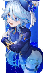 Rule 34 | 1girl, absurdres, ascot, blue ascot, blue background, blue brooch, blue eyes, blue gemstone, blue hair, blue jacket, colored inner hair, cowboy shot, drop-shaped pupils, eyes visible through hair, from side, furina (genshin impact), gem, genshin impact, gloves, hair over one eye, hat, heterochromia, highres, jacket, kodona, light blue hair, lolita fashion, long hair, looking at viewer, looking to the side, mismatched pupils, mugita (mokankan), multicolored hair, open mouth, pillarboxed, shorts, sidelocks, solo, symbol-shaped pupils, thigh strap, top hat, twitter username, wavy hair, white gloves, white shorts