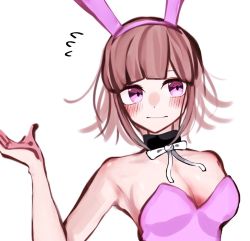 Rule 34 | 1girl, animal ears, bad id, bad pixiv id, bare arms, bare shoulders, black collar, blush, breasts, brown hair, rabbit hair ornament, cleavage, closed mouth, collar, danganronpa (series), danganronpa 2: goodbye despair, embarrassed, eyebrows hidden by hair, fake animal ears, flipped hair, hair ornament, leotard, looking to the side, medium breasts, nanami chiaki, open hand, pink bunny ears, pink eyes, pink suit, playboy bunny, rabbit ears, rabbit girl, rairo yusa, ribbon, short hair, simple background, solo, suit, white background, white ribbon