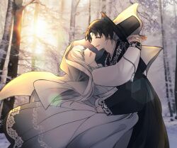 Rule 34 | 1boy, 1girl, absurdres, angelica (project moon), black hair, black hanbok, black hat, closed eyes, facing another, forest, gat (korean traditional hat), hat, highres, hug, husband and wife, library of ruina, long hair, long sleeves, nature, open mouth, outdoors, parted bangs, photo background, pkill515, project moon, roland (project moon), smile, snow, tassel, very long hair, white hair, white hanbok, white veil, winter
