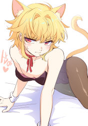 Rule 34 | 1boy, animal ear fluff, animal ears, blonde hair, blush, brown pantyhose, cat ears, cat tail, crossdressing, highres, jeong sana, kittysuit, leotard, male focus, male playboy bunny, medium hair, neck ribbon, nipples, nontraditional playboy bunny, pantyhose, red eyes, ribbon, solo, suicide boy, sweat, tail, trap, wrist cuffs
