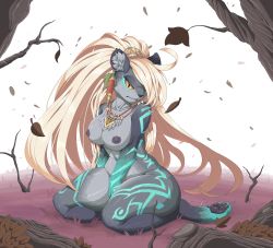 Rule 34 | 1girl, barefoot, blonde hair, breasts, collar, earrings, fatima eaglefeather, furry, furry female, glowing tattoo, hair ornament, highres, jewelry, long hair, looking at viewer, nipples, nude, outdoors, pata, ponytail, sdorica, sitting, soles, solo, tattoo, very long hair, wariza