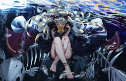 Rule 34 | 1girl, anklet, artist request, black cape, blonde hair, cape, chain, chinese commentary, closed eyes, commentary request, covered mouth, crack, dark, earrings, ereshkigal (fate), fate/grand order, fate (series), fingernails, fish bone, fish skeleton, floating, floating hair, floating object, flower, full body, fur-trimmed cape, fur trim, gold chain, gold trim, hair ribbon, hair spread out, hoop earrings, infinity symbol, jewelry, knees to chest, leg tattoo, long fingernails, long hair, multicolored cape, multicolored clothes, nail polish, parted bangs, partial commentary, red cape, red nails, red ribbon, ribbon, self hug, sitting, skull, solo, spine, submerged, tassel, tattoo, tiara, toenail polish, toenails, two-tone cape, two side up, underwater, very long hair, yellow flower