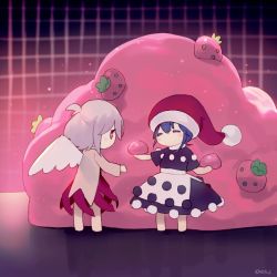 Rule 34 | 2girls, ^ ^, ainy, bad id, bad twitter id, blue hair, closed eyes, doremy sweet, dream soul, dress, closed eyes, food, fruit, hat, kishin sagume, multiple girls, nightcap, no shoes, one-hour drawing challenge, pom pom (clothes), short hair, silver hair, strawberry, touhou, wings